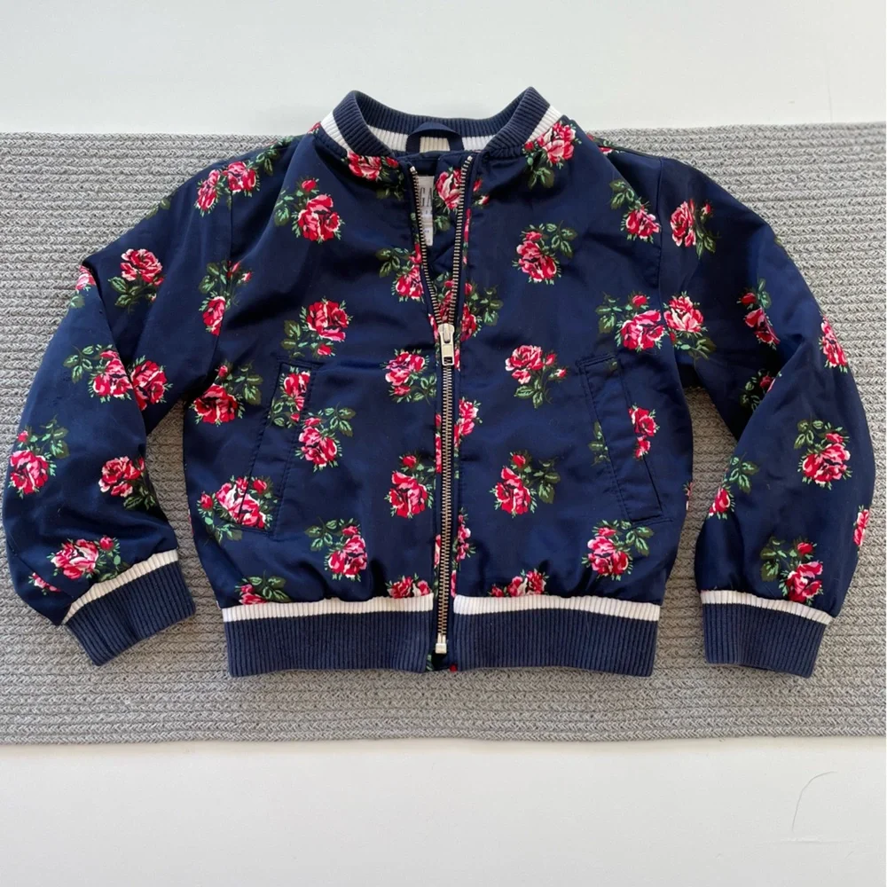 GAP Kids Navy Blue Rose Floral Silky Bomber Jacket Size XS (4-5)
